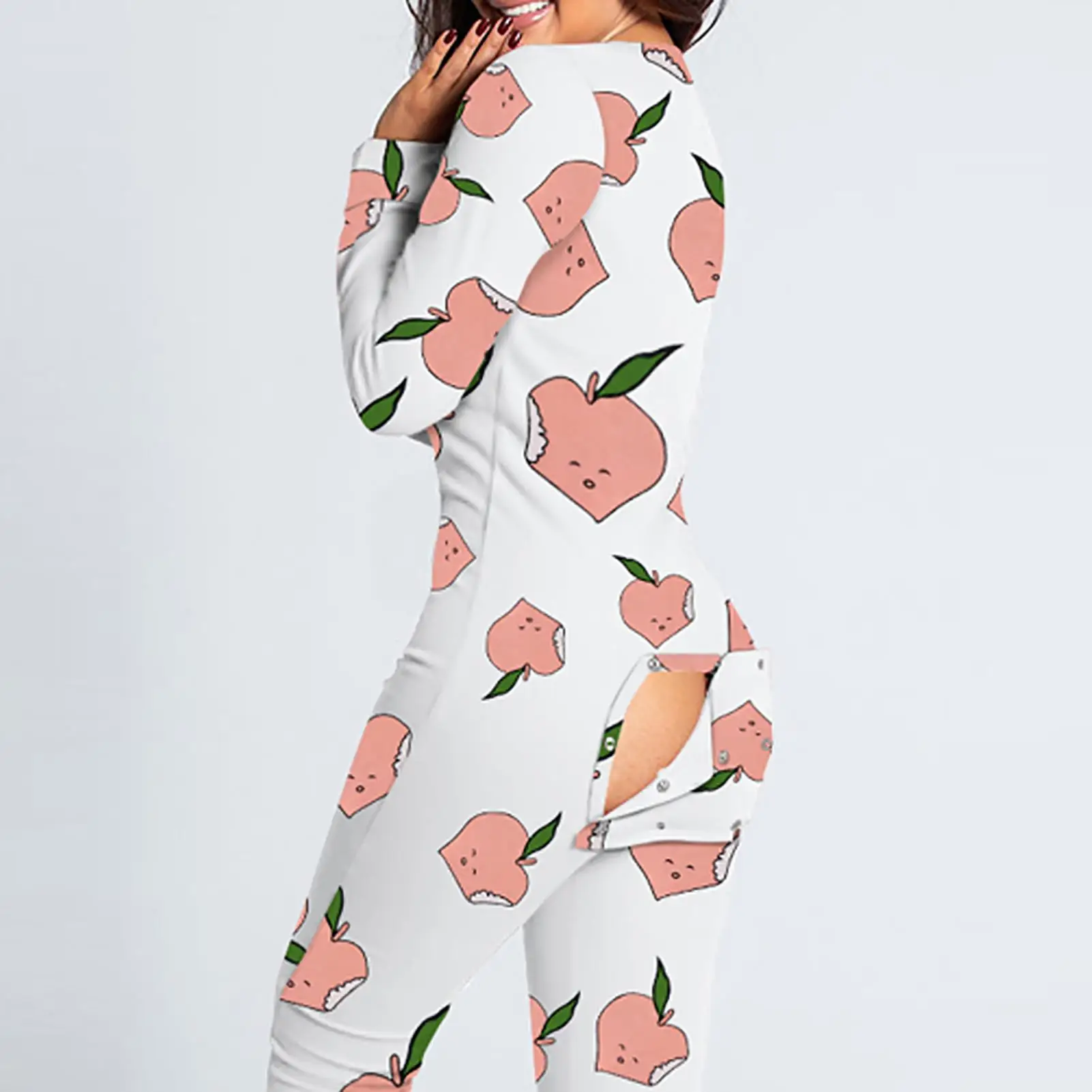 

Sexy Women Jumpsuit Casual Long Sleeve Pajama Bum Open Homewear Functional Button Flap Bodysuit Adults Playsuit Pajamas 7 Colors