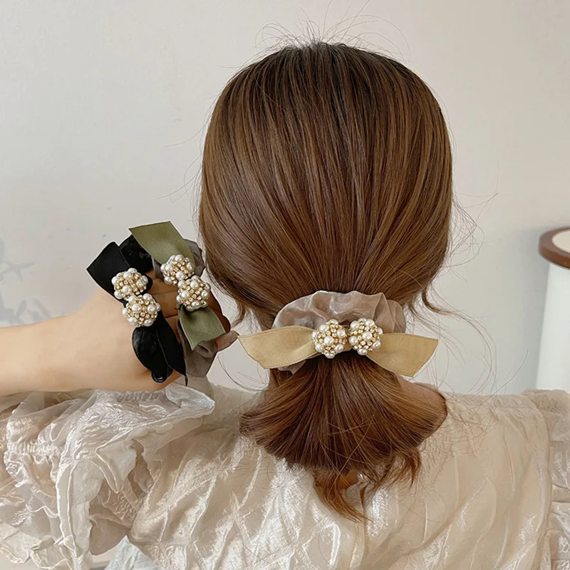 

New Head Flower Hair Rope Flashing Diamond Pearl Headdress Head Rope Organza Hair Accessory Ball Hair Ring Female