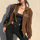Куртка женская флисовая на молнии, коричневый свитшот в стиле оверсайз с карманами, винтажные пуловеры 90s с длинным рукавом, Y2K, весна 2021