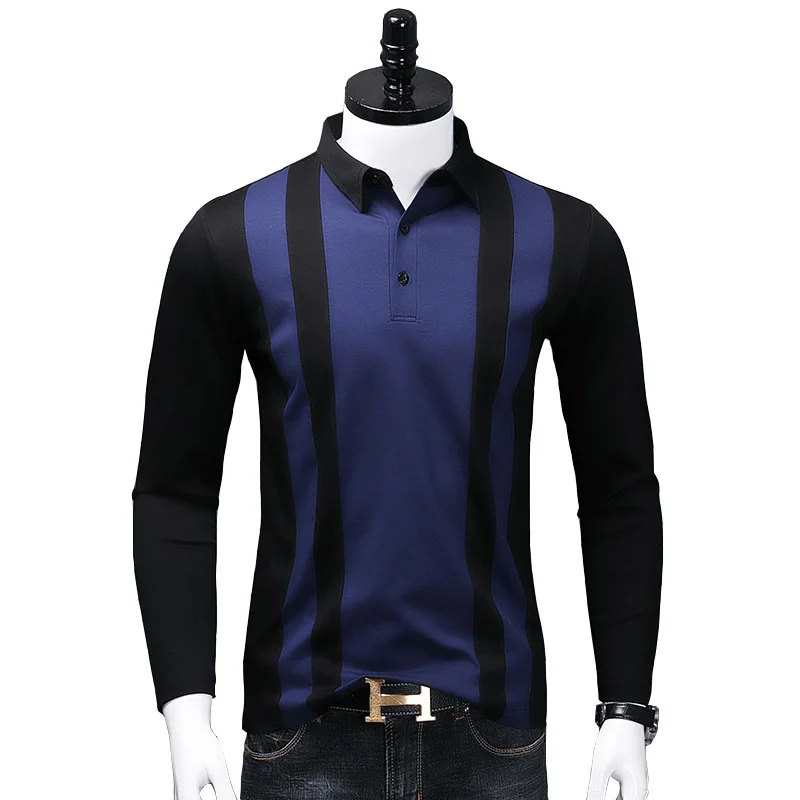 

Business Casual Long Sleeves Polo Men Cotton Patchwork Striped Tops