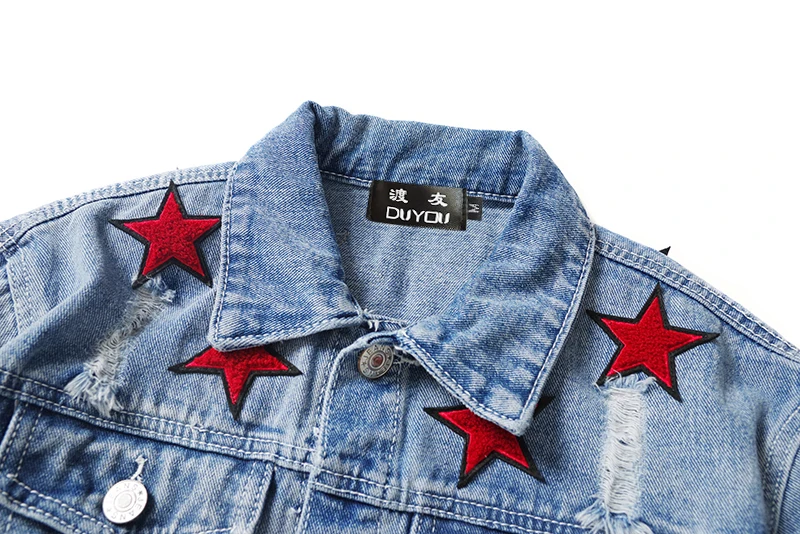 

Jacket DUYOU Denim Men Fashion 100% Cotton Trucker Jackets Slim Fit Men's Gradient Embroidery red Star Denim Jacket
