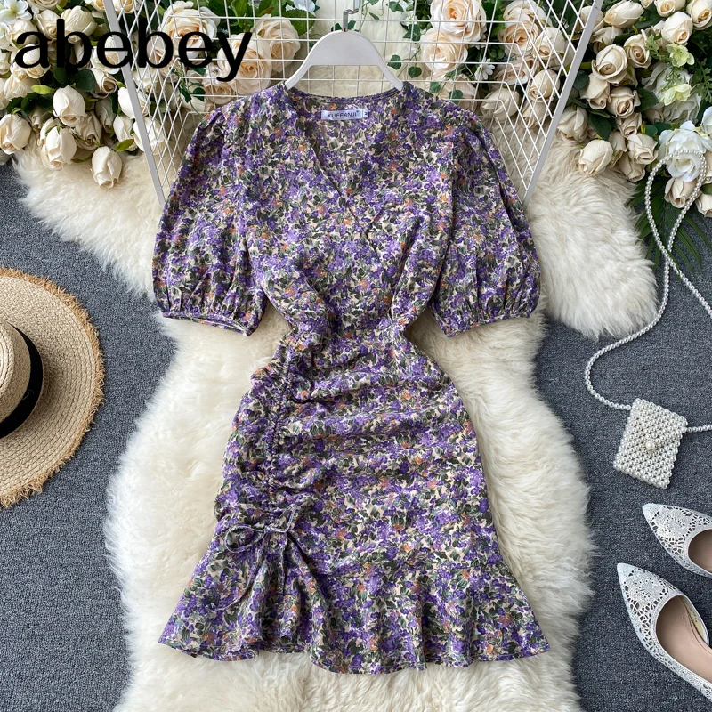 Женское шифоновое платье с цветочным принтом фиолетовое в Корейском стиле