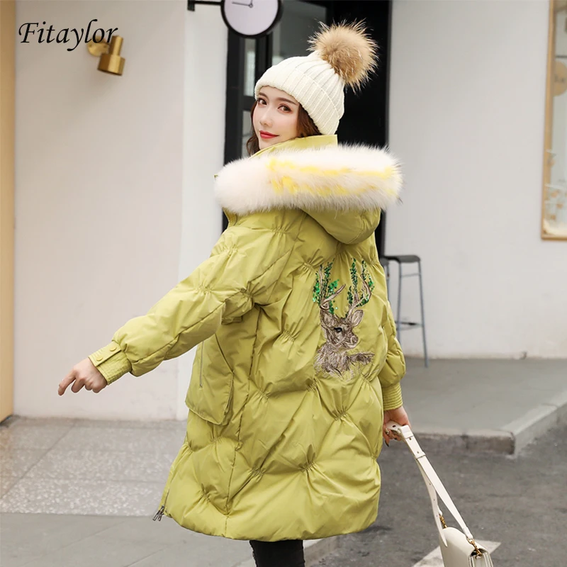Fitaylor зимние женские тонкие большие длинные парки с натуральным мехом на белом