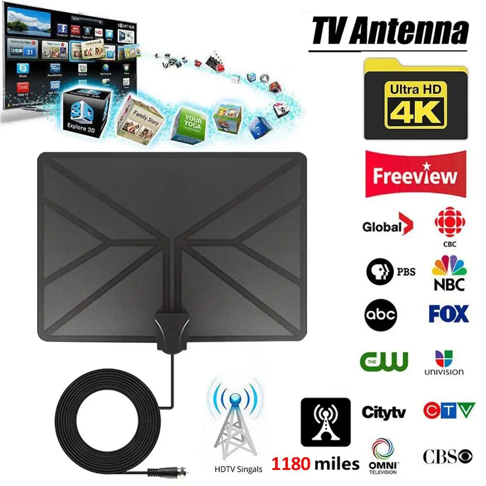 Цифровая HD ТВ антенна 4K 1180 миль комнатная с усилителем усилитель сигнала радиус