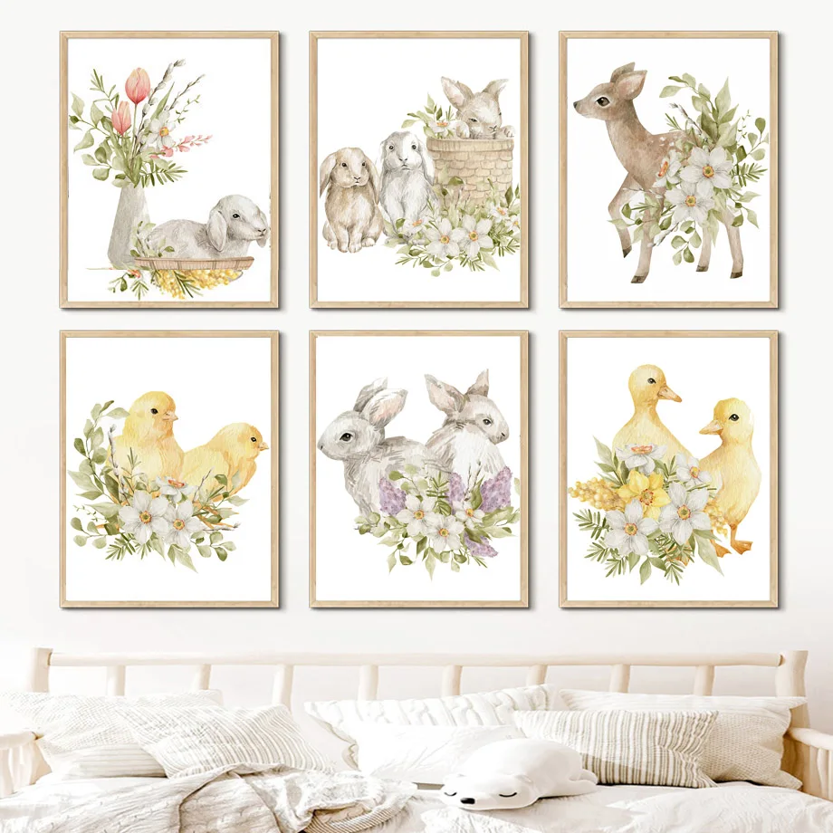 

Rabbit Deer Sheep Duck Flower Baby Nursery Wall Art Canvas Painting Nordic Posters And Prints Wall Pictures For Kids Room Decor