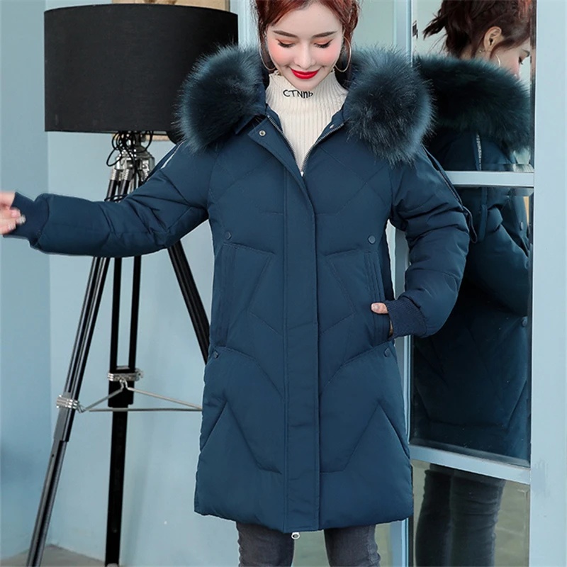 

Mid-Length Cotton-Padded Jacket Women's 2020 Winter New Style Big Fur Collar Hooded Long Sleeves Loose Thick Warm Coat Trendy