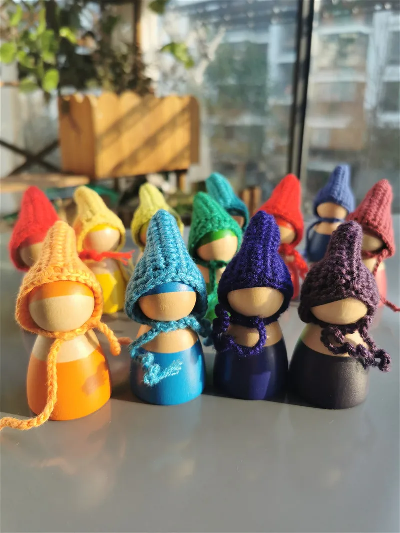 612pcs crochet wooden rainbow dolls in beanies for pastel stackable blocks wood natural doll in knitting hat montessori toy free global shipping
