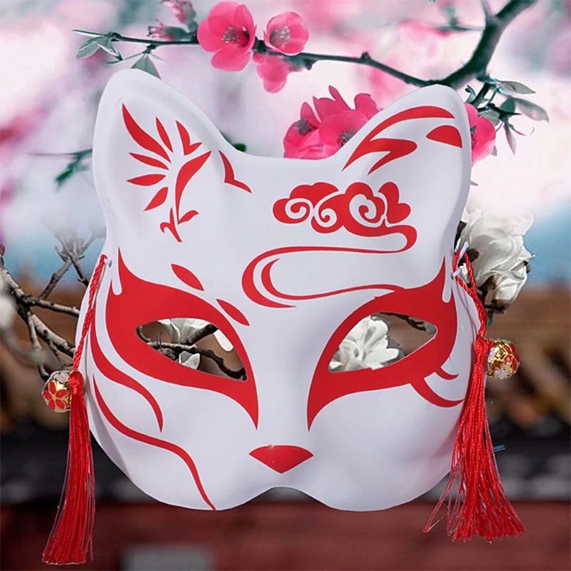 

Japanese Hand-Painted Kabuki Kitsune Foxes Masks Japanese Anime Cosplay Halloween Party Costume Props with Elastic Belt