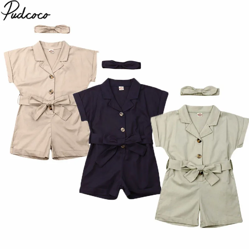 

2019 Baby Summer Clothing Infant Baby Girl Solid Romper Button Sash Jumpsuit+Headband 2Pcs Outfit OL Style Cotton Clothes 2-7T