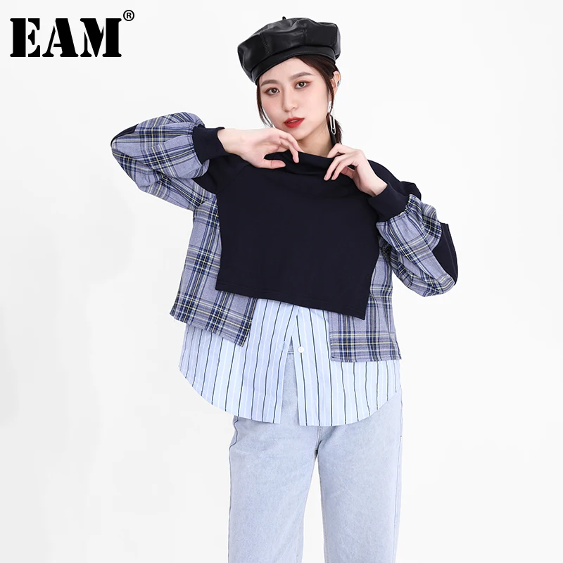 

[EAM] Loose Fit Plaid Stitch Sweatshirt New Turtleneck Long Sleeve Women Big Size Fashion Tide Spring Autumn 2022 1DD008017