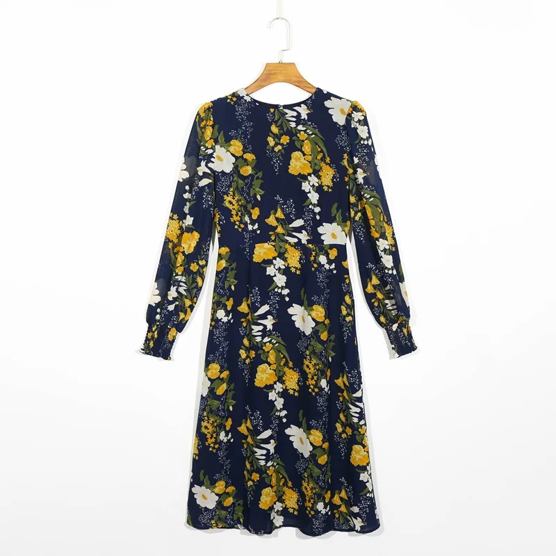 

2020 Autumn Wintter Vintage Floral A-Line Dress Women Elegant O-Neck Long Sleeve Midi Casual Dress Vestido