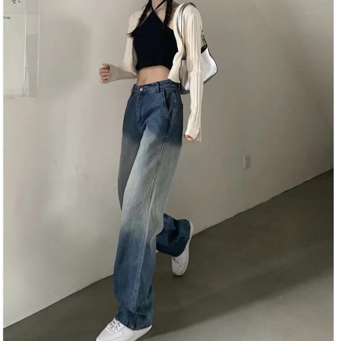 Дизайнерские градиентные джинсы женские брюки летние прямые с высокой талией