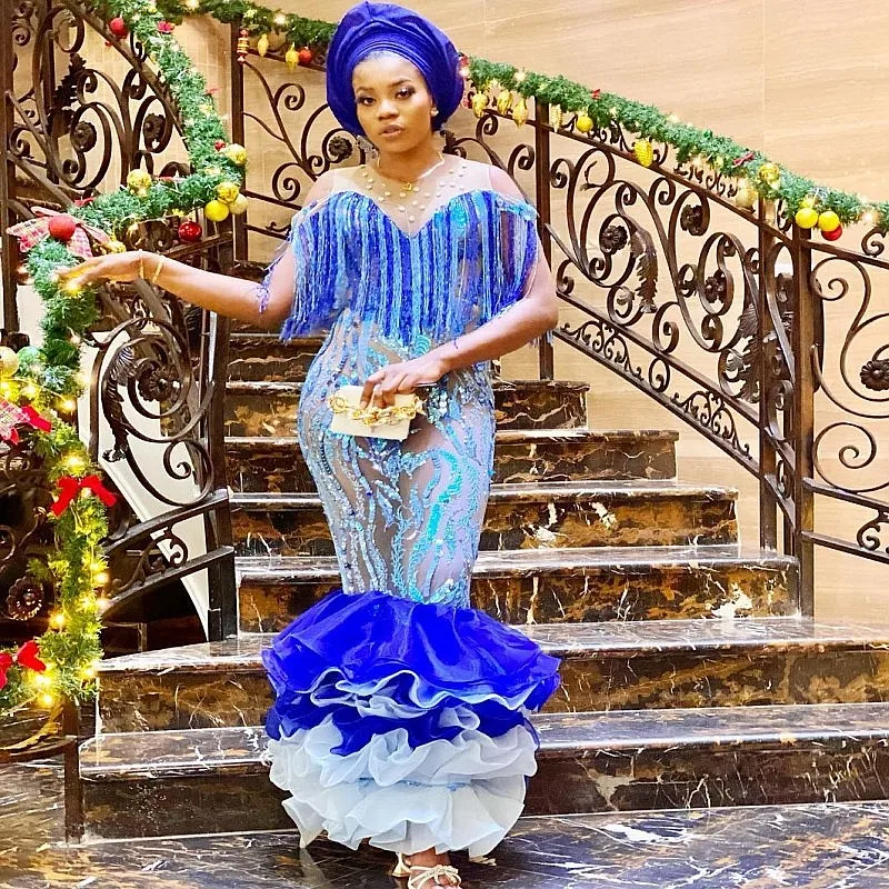 

Royal Blue Tassels Mermaid Eveing Dresses Aso Ebi Beads Illusion Prom Dress Plus Size Tiered Appliques African Party Vestidos