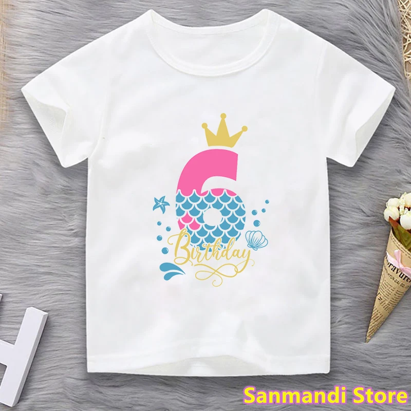 

2th-9th Birthday Gift Tshirt Tops For Girls Mermaid Crown T Shirt Kids Clothes Harajuku Kawaii Children Clothing T-Shirt Girl