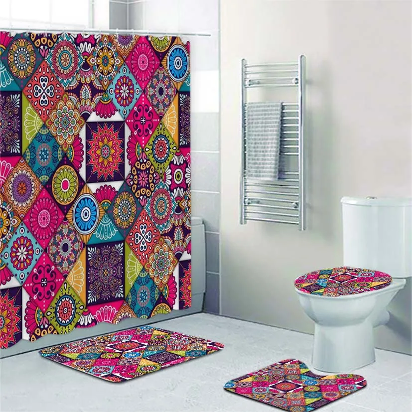 

Ethnic Bohemian Mandala Patchwork Geometric Floral Bathroom Shower Curtain Set for Toilet Bath Mat Rug Carpet Home Decor 180x200