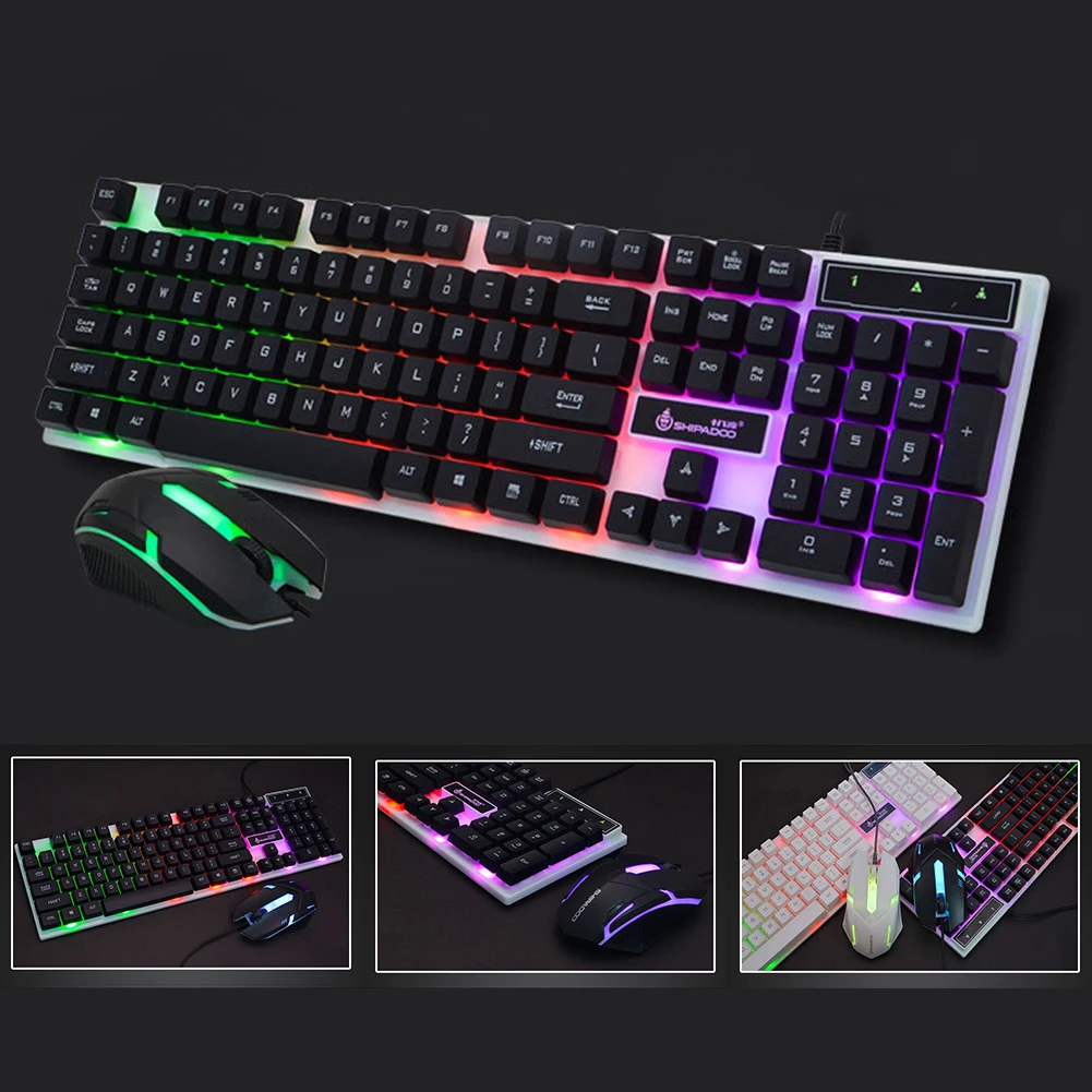 USB Gaming Rainbow Color Office Wired Backlight Adjustable Ergonomic Led Luminous Home Keyboard Mouse Set ABS Desktop