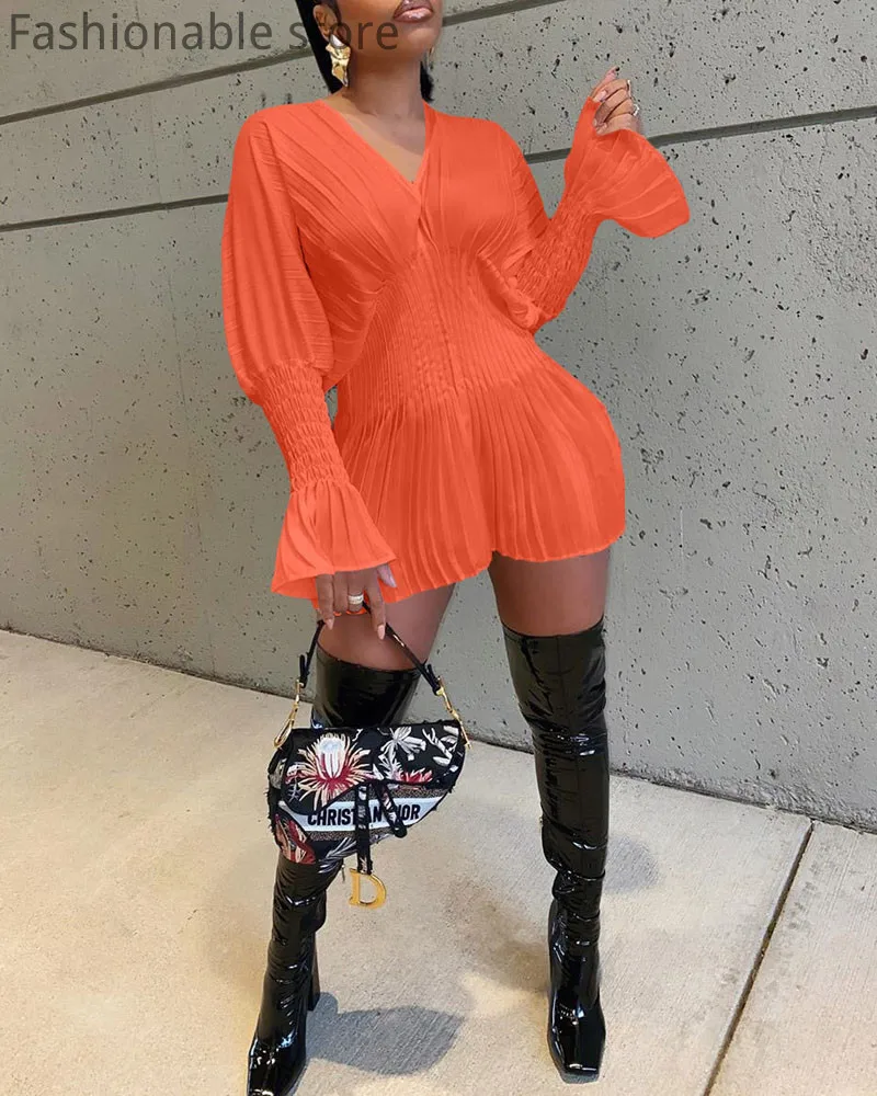 

Женское однотонное Плиссированное Платье с V-образным вырезом и расклешенными рукавами