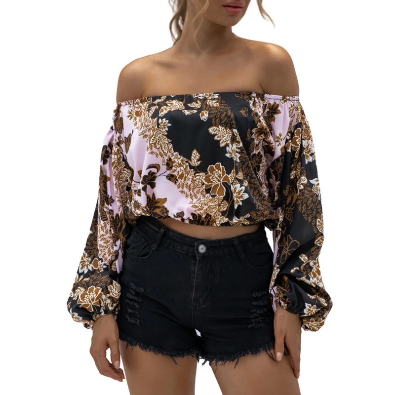 

Jlong Women Fashion Long Sleeves Loose Shirt Women Off Shoulder Casual Blouse Tops Summer Slash Neck Print Blouses