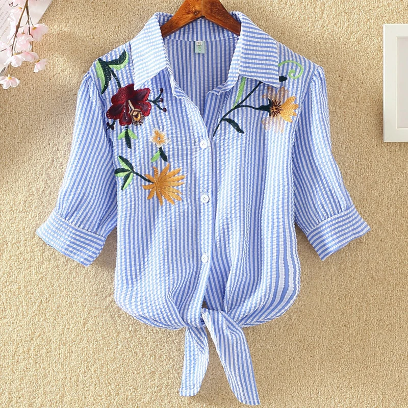 Новые Женские рубашки с вышивкой Блузки короткими рукавами Летняя весна Рубашки