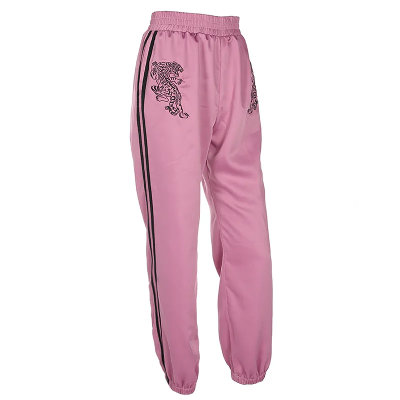 Женские атласные повседневные штаны с вышивкой тигра женские высокой талией