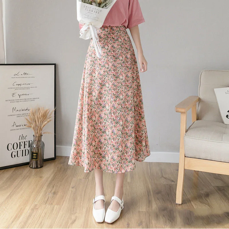 

2020 new summer elegant women's floral pleated Midi skirt ladies elastic high waist skirt
