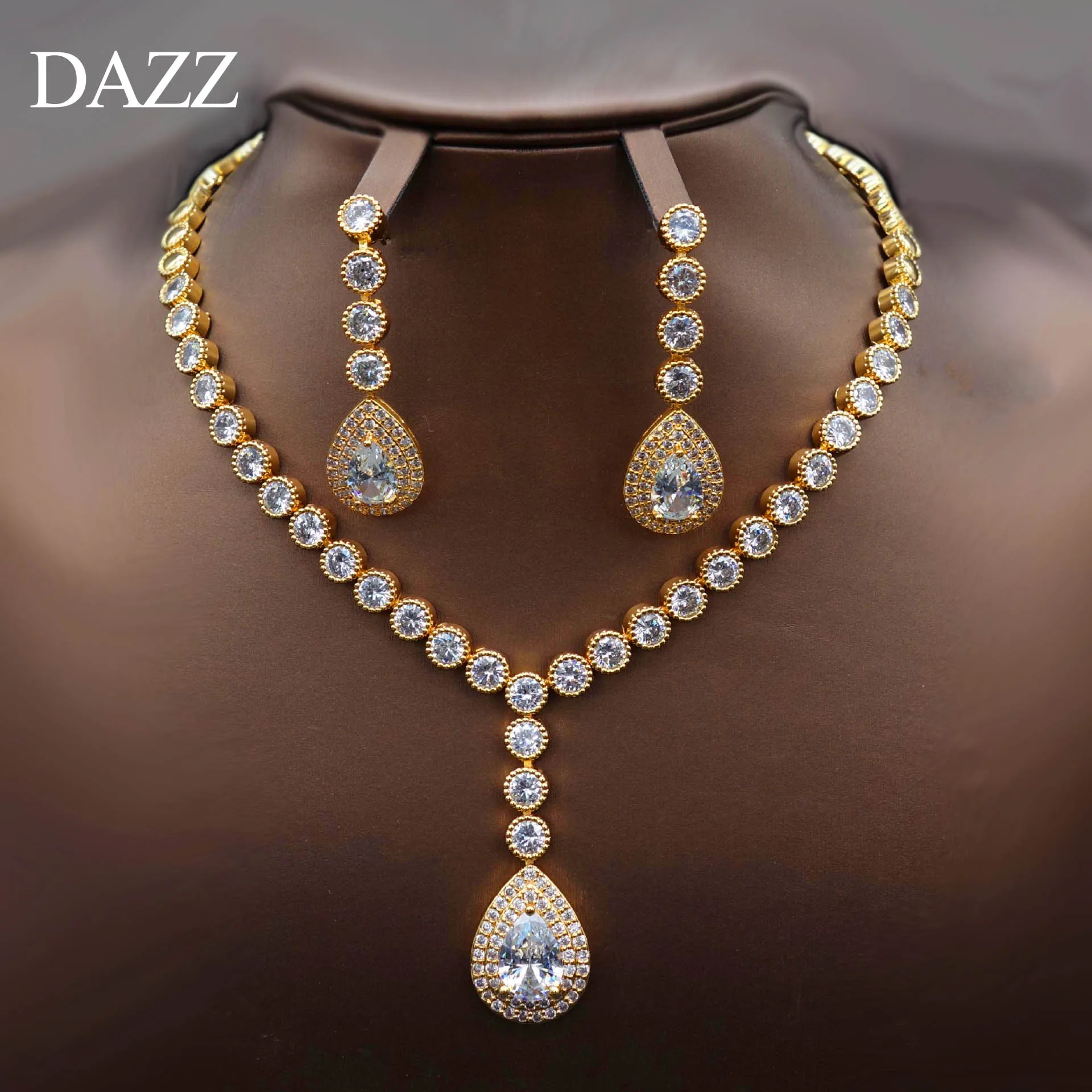 Dazz роскошные золотые изысканные CZ Циркон Висячие ожерелья серьги ювелирные