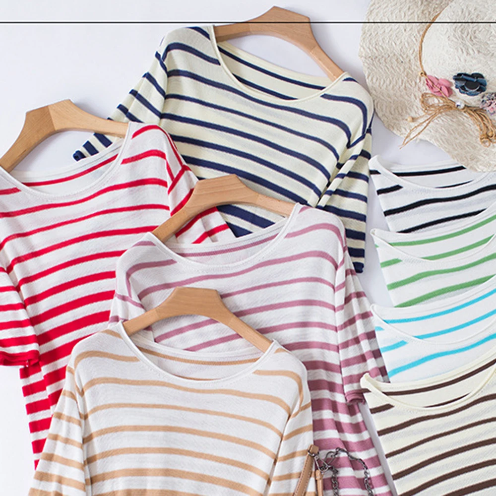

Harajuku Striped T Shirt Women 2020 Summer O-neck Oversized Stretchy Knitted autumn fashion Large size Casual T shirt
