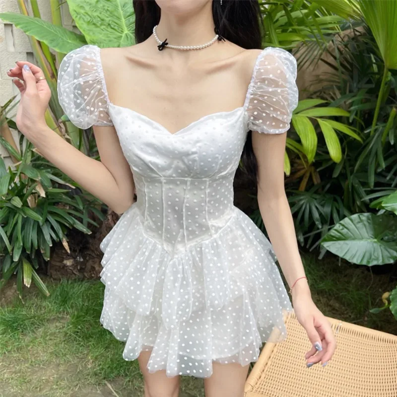 

French Style Polka Dot Women Patchwork Puff Sleeve Slim Mini Summer Dress 2021 New Korean Sweet Elegant Party Dress Robe Femme