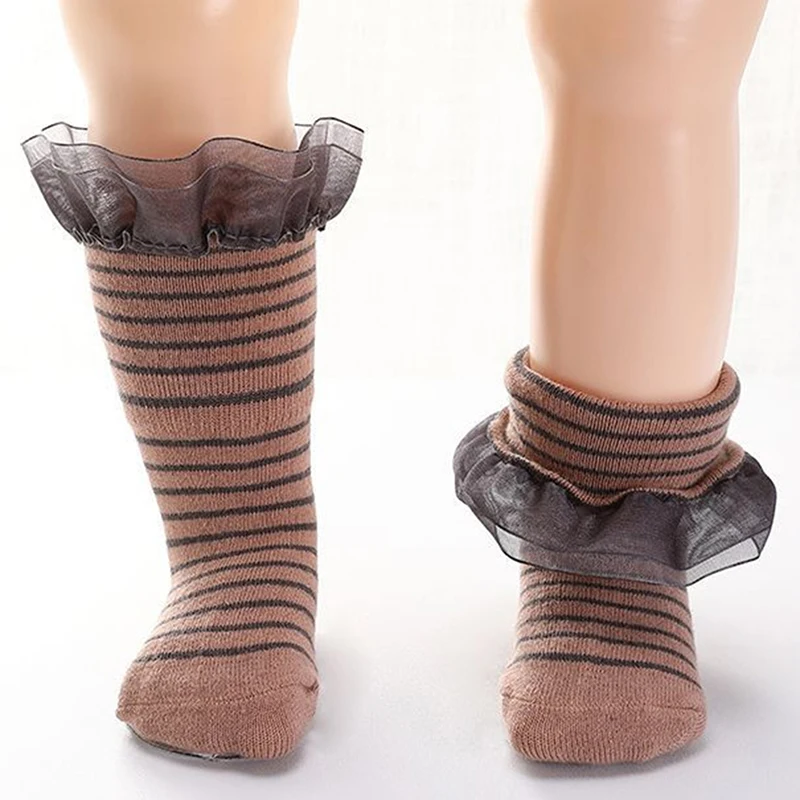 

2019 Baby Socks Autumn and Winter New Children's Girls Cuffed Tube Socks Kids Sweet Cotton Striped Lace Socks