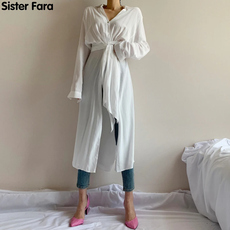 

Sister Fara New Asymmetrical Lace Up Shirt Woman's Spring Thin Long Loose Casual Blouse Summer Single Button V-Neck Shirt Skirt