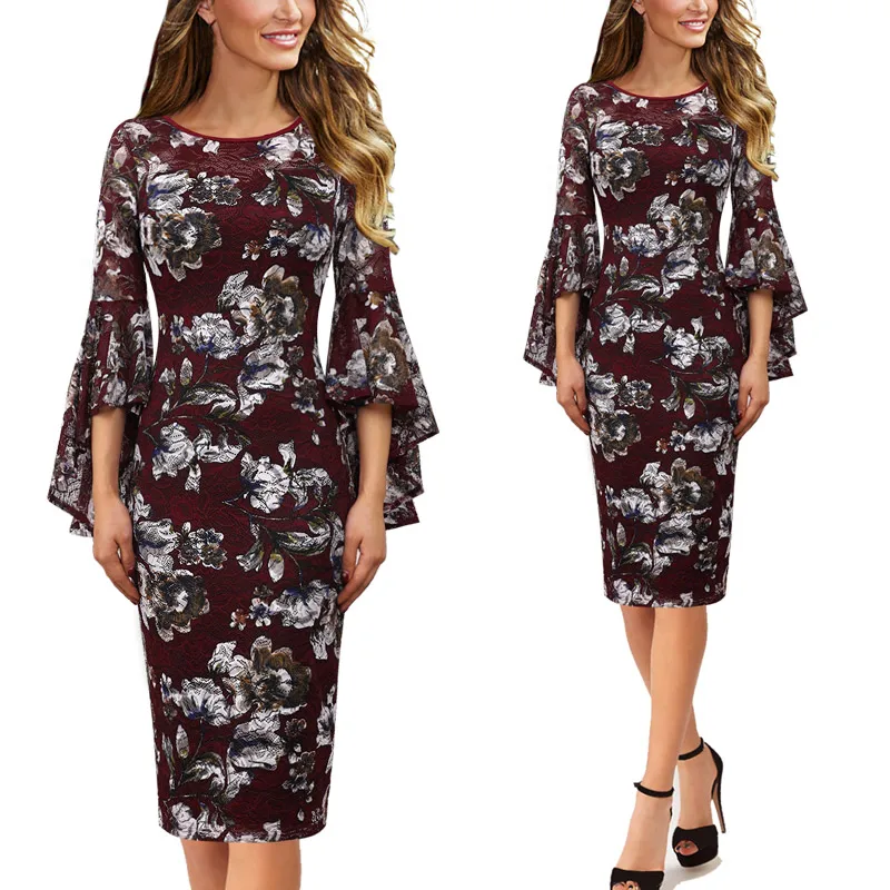 Dark Red and White 2 Vfemage женское осеннее Элегантное Длинное расклешенное модное винтажное вечернее коктейльное облегающее платье-футляр с расклешенными рукавами 1703 - Цвет: Dark Red and White 2