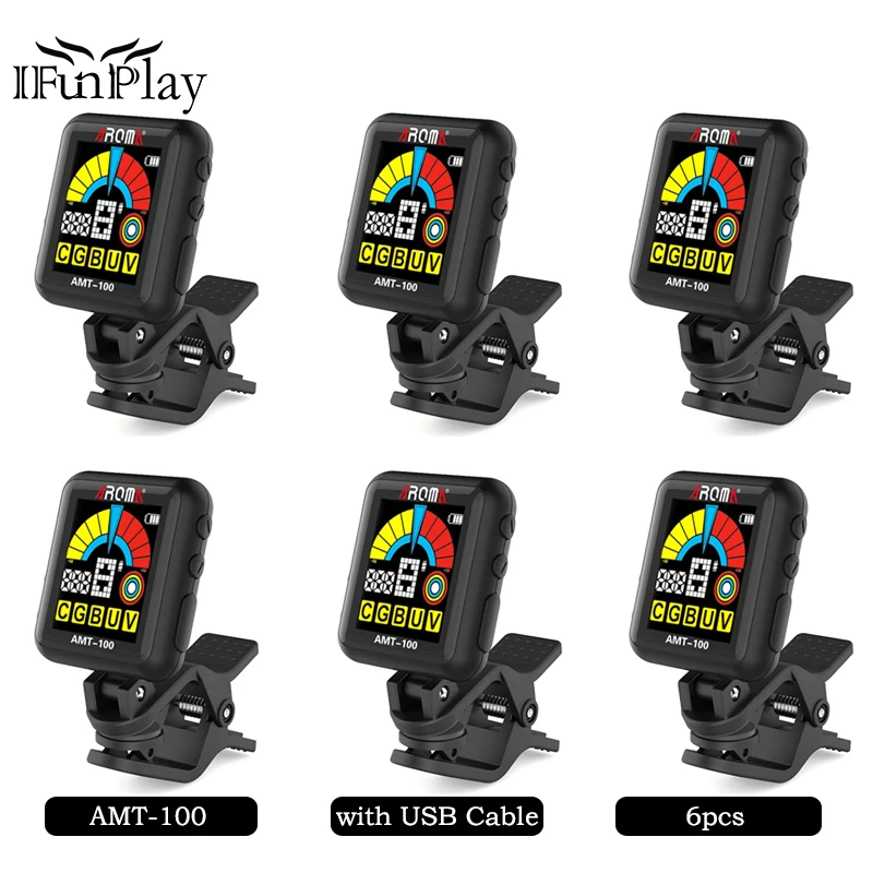 6 шт. аромат AMT 100 клип на гитарный тюнер 2 в 1 со встроенным Батарея USB кабель для