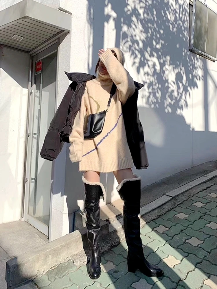 Женские универсальные ботфорты утепленные замшевые сапоги на среднем массивном