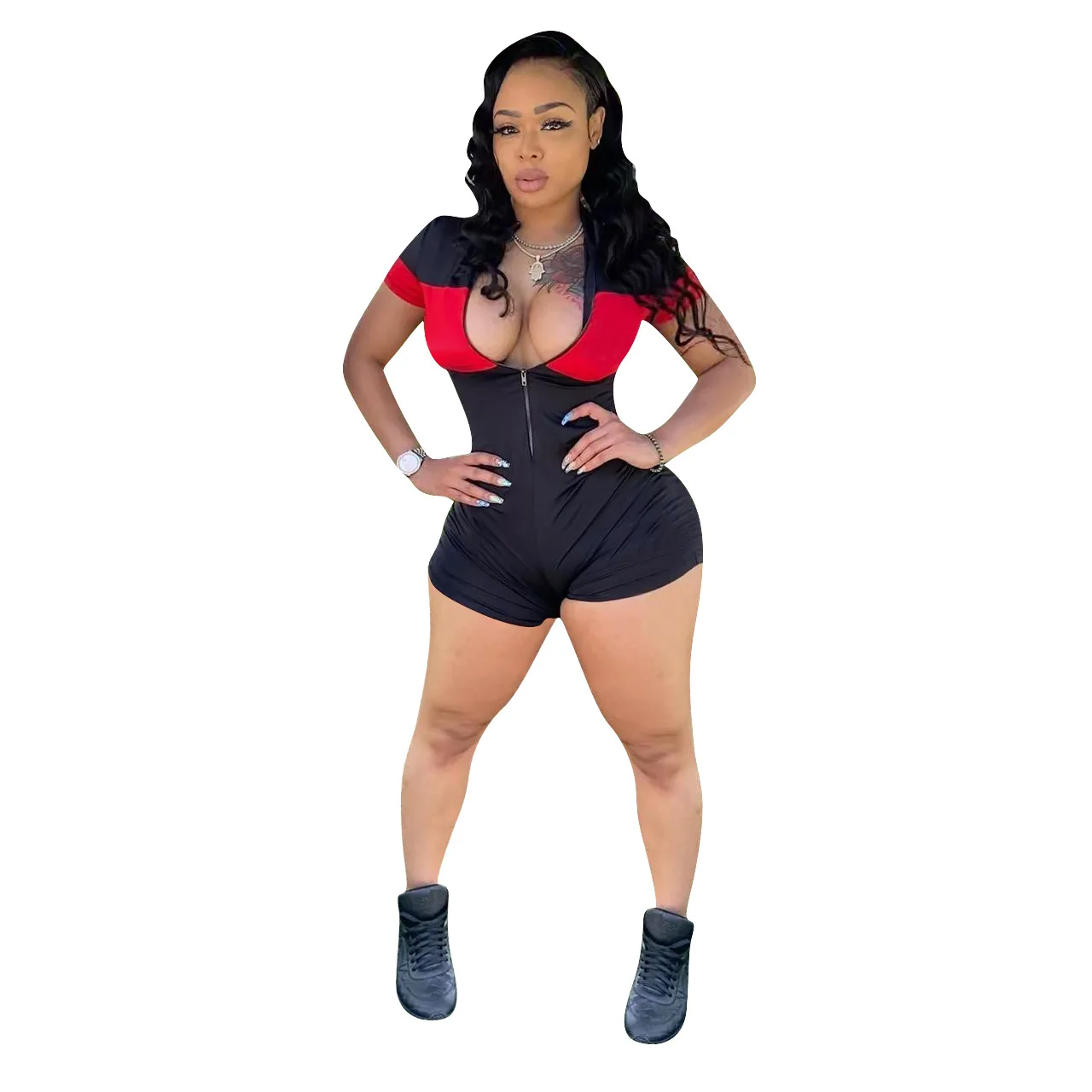 

New Women Red Black Patchwork Zipper Short Sleeve Sexy Bodysuit Rompers Playsuit