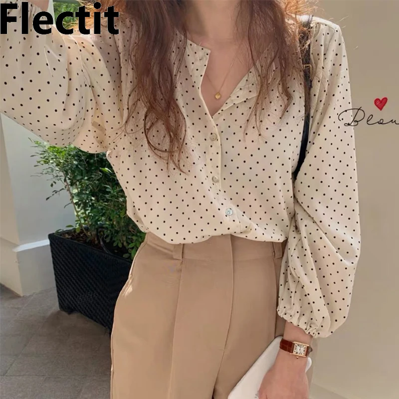 

Flectit Polka Dot Shirt Long Sleeve Collarless Button Front Lightweight Chiffon Tops Spring Summer Women's Blouses & Shirts *