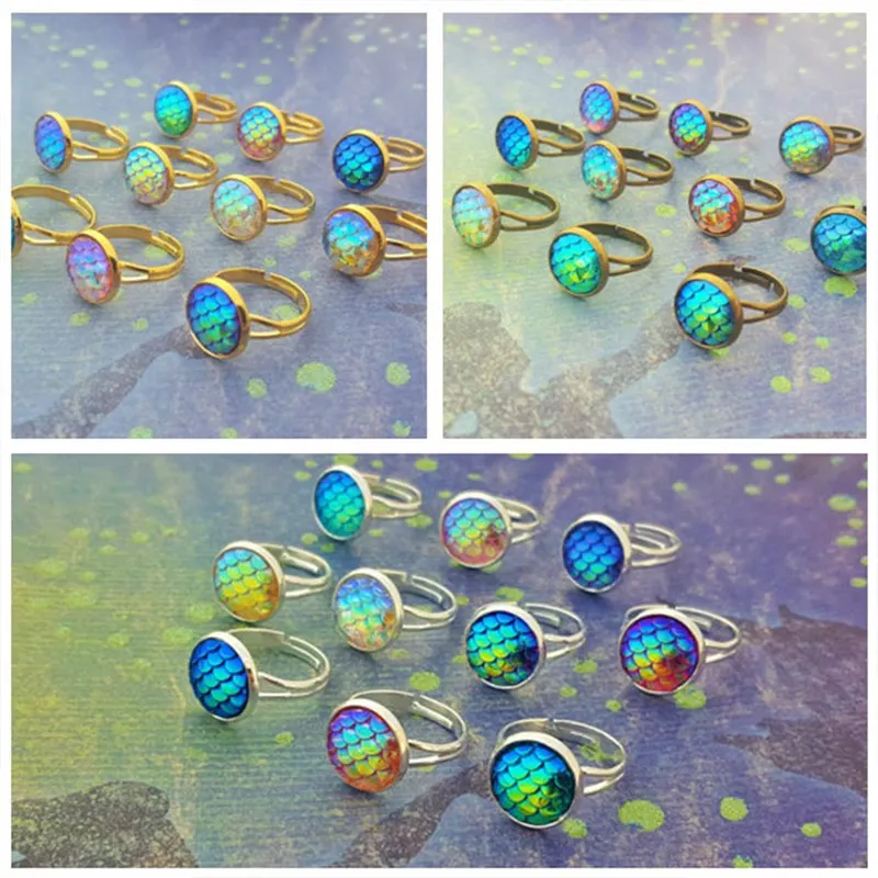 

12(Style) Mermaid Scale Resin Ring Dragon Evil Eye Rings Adjustable Women Jewelry 2018 New Kids Rainbow Scales Mermaid Gift