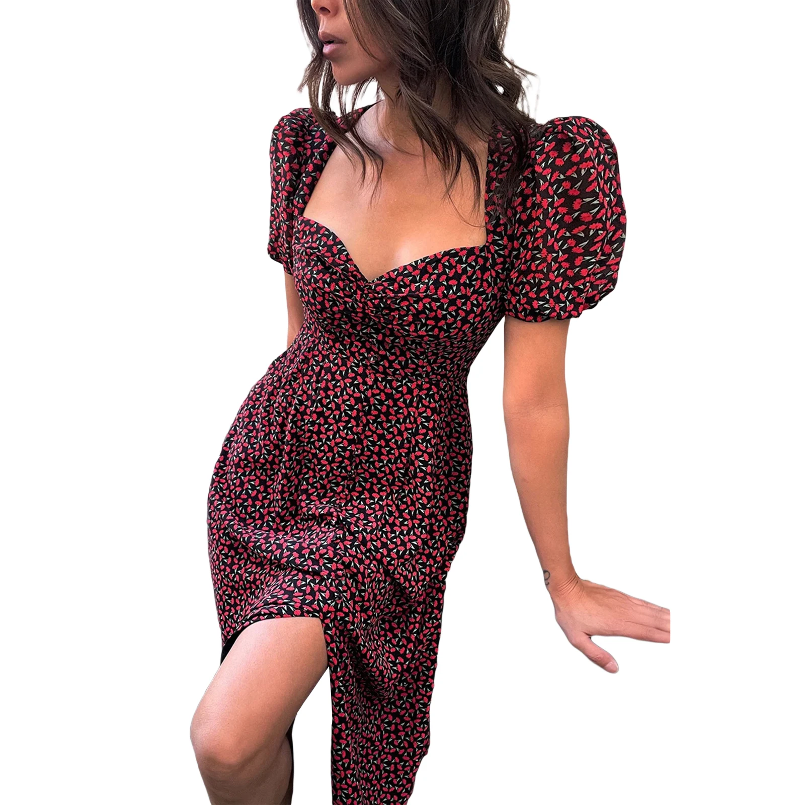 

Summer Floral Dress for Women 2021, Adults Slim Fit Puff Sleeve V-Neck Slit Siamese with Button