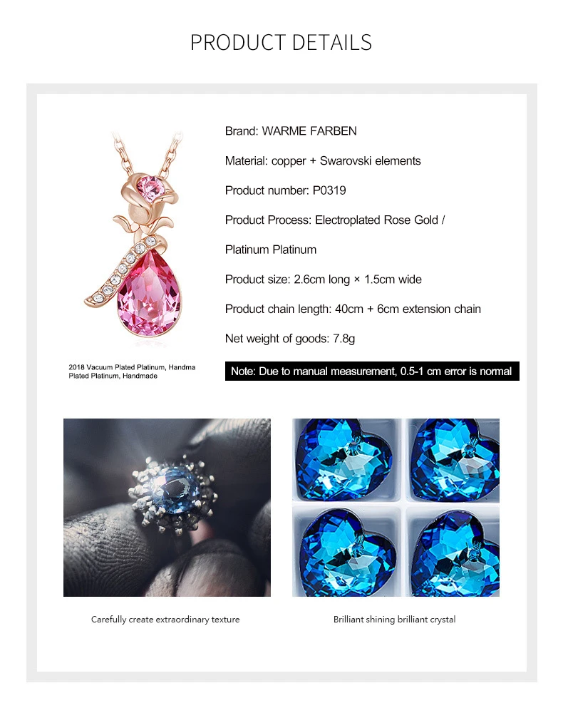 Ожерелье Warme Farben с кристаллами Swarovski для женщин, европейская Роза, Хрустальная подвеска, ожерелье, хорошее ювелирное изделие, колье