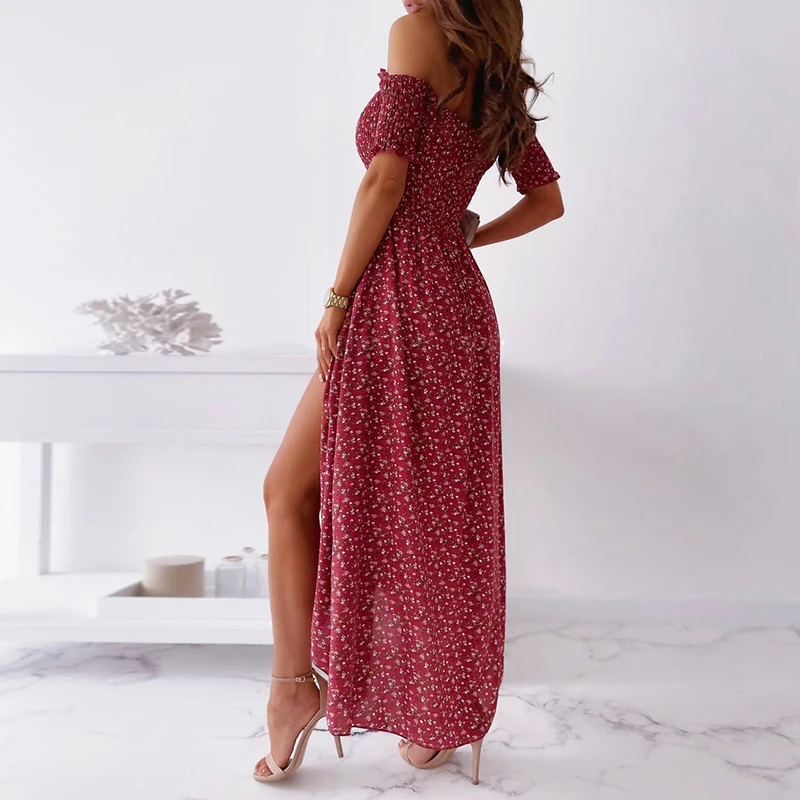 

Summer Women Floral Print Dress 2021 Short Sleeve Slash Neck Off the Shoulder Split Long Dress Party Polish Elegant Vestidos