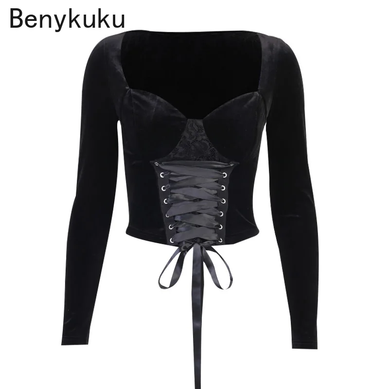 

Vintage Lace Black T Shirt Goth Aesthetic Long Sleeve Velvet T-shirt Women Harajuku Sexy Slim Bandage Long Sleeve Lace Up Tops