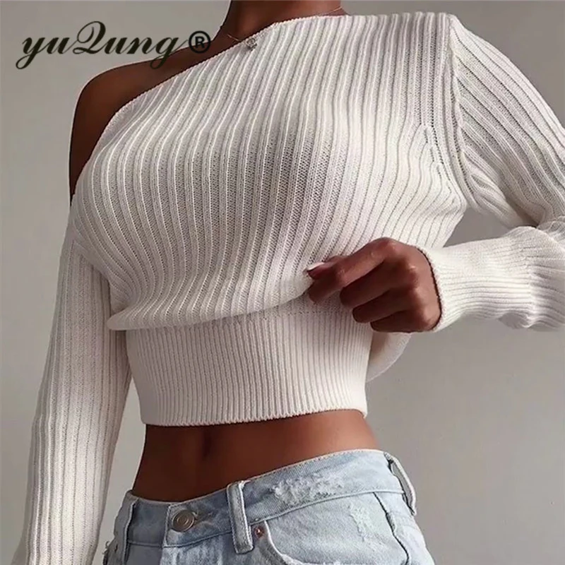 Yuqung Women One Shoulder White Knitted Sweater Oblique Collar High Street Long Sleeve Pullover Female Spring Jumper | Женская одежда