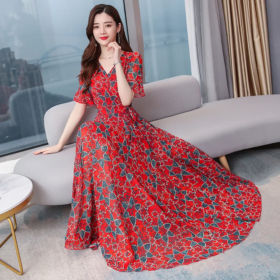 2021 с винтажным принтом шифоновые отдых Макси платье Сезон: весна-лето 4XL размера