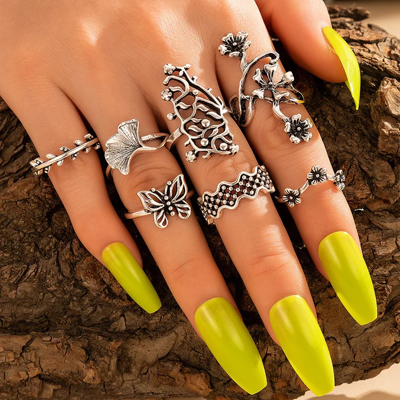 

New Punk Accessories Bohemian Leaf Hollow Flowers Butterfly Ring 7 Piece Set Knit Ring Wedding Party Jewelry кола для женин