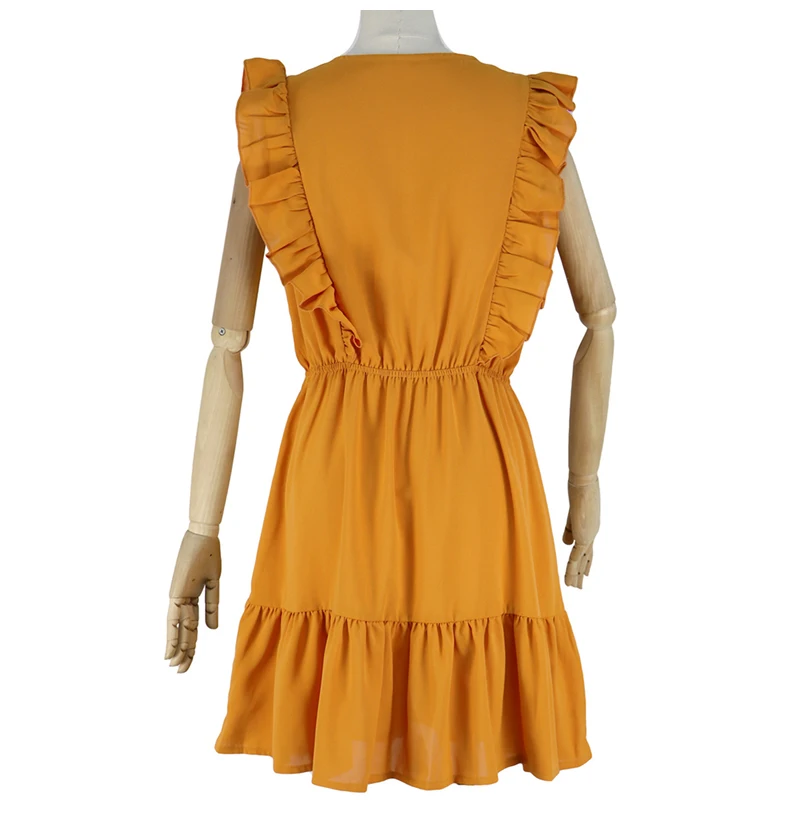 Женское платье с рюшами повседневный желтый мини-сарафан на завязках модная