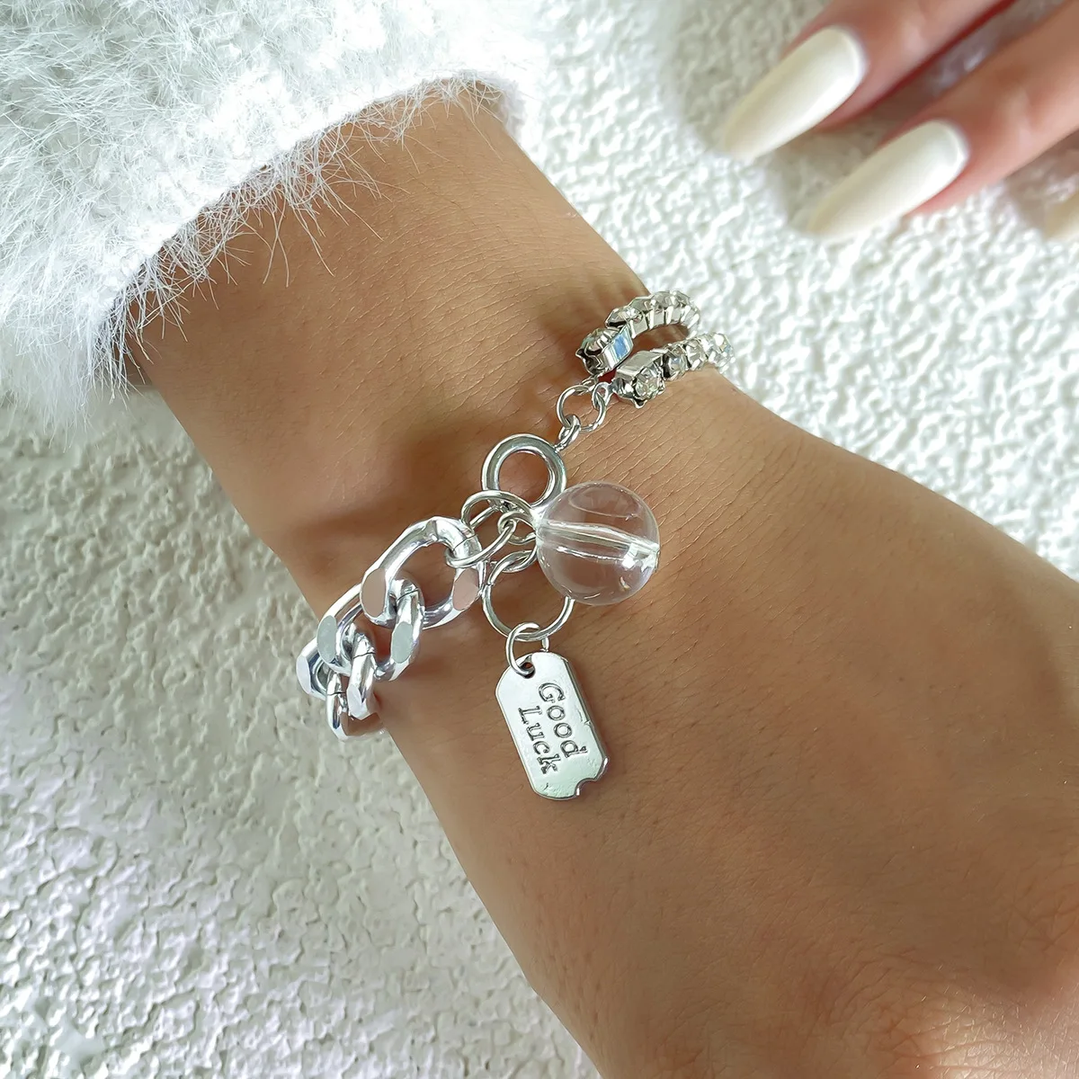 

GOOD LUCK Letter Charming Beaded Pendant Bracelets Crystals CZ Silver Hand Jewelry Bracelet for Women Femme