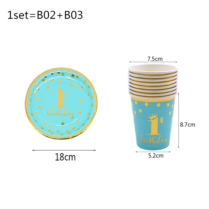 blueT02 1st Birthday Party Supplies Pink Blue Paper Plates Cups Straws Disposable Tableware Banner Gender Reveal Baby Shower Party Decor - Цвет: blueT02