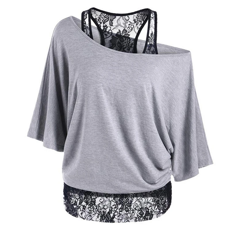 

GAOKE Spring Autumn Women Tshirt Fashion Lace Patchwork Basic T-shirts Casual Loose T Shirts Batwing Sleeve Tops Femme