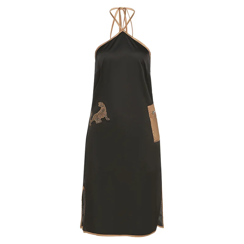 

European and American Style Spring 2021 Women's New Lace Halter Neck Halter Slim Slimming Hem Split Hem All-match Dress