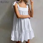 Мини-платье ZANZEA женское с квадратным вырезом, модный однотонный пляжный сарафан с оборками, повседневный праздничный короткий на бретельках, большие размеры, на лето