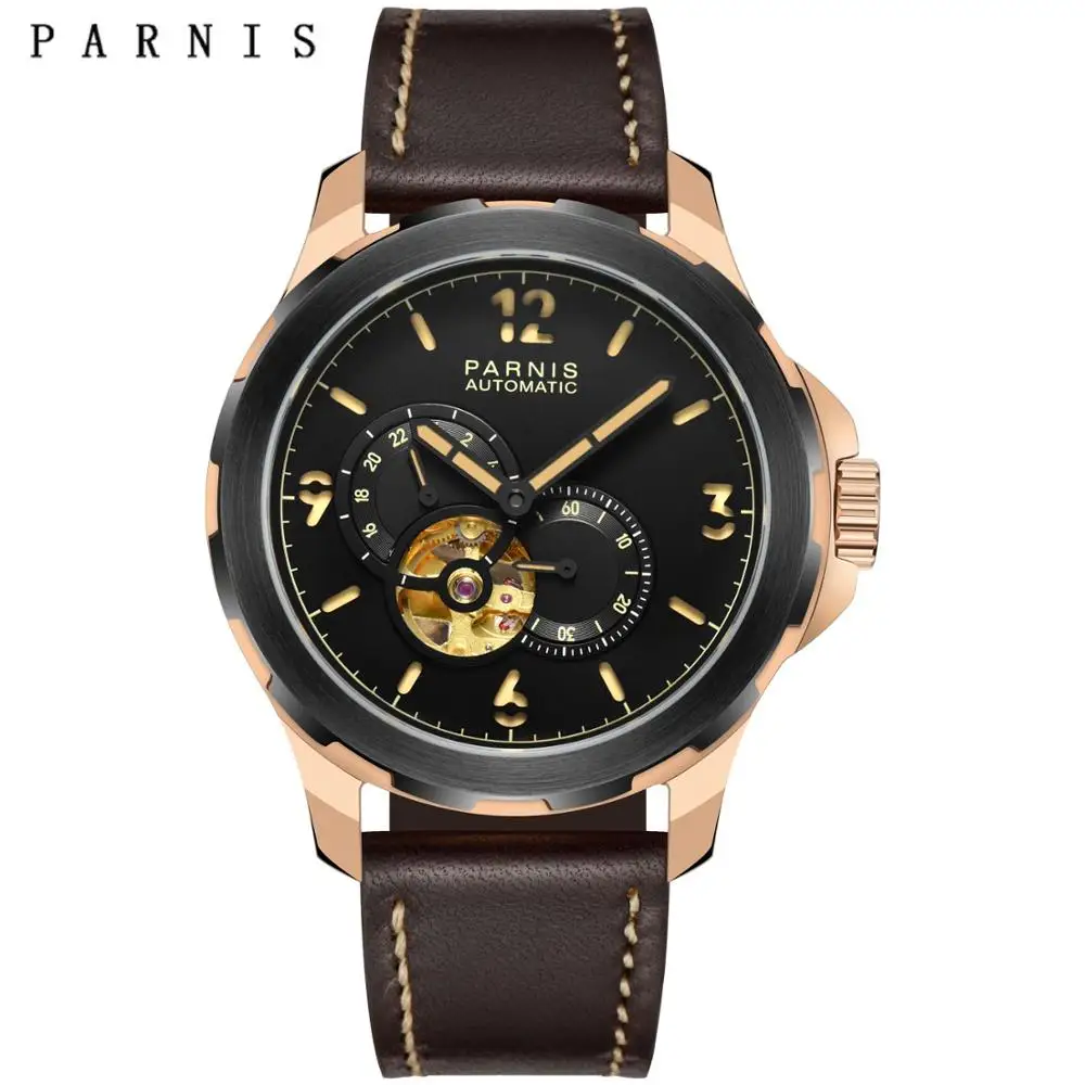 Модные мужские механические Автоматические часы Parnis 44 мм с кожаным ремешком и